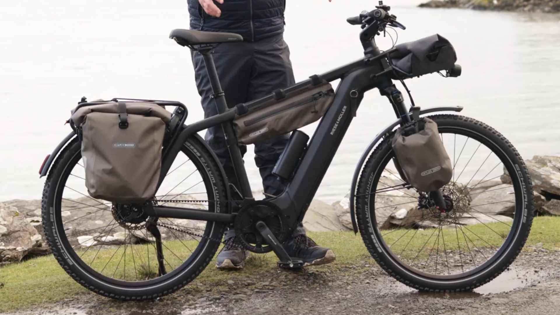 E-bike with panniers parked by a lakeside