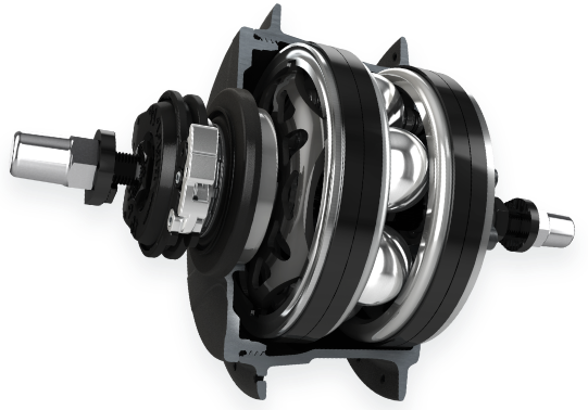 Cutaway view inside an Enviolo continuously variable hub showing the internal mechanism
