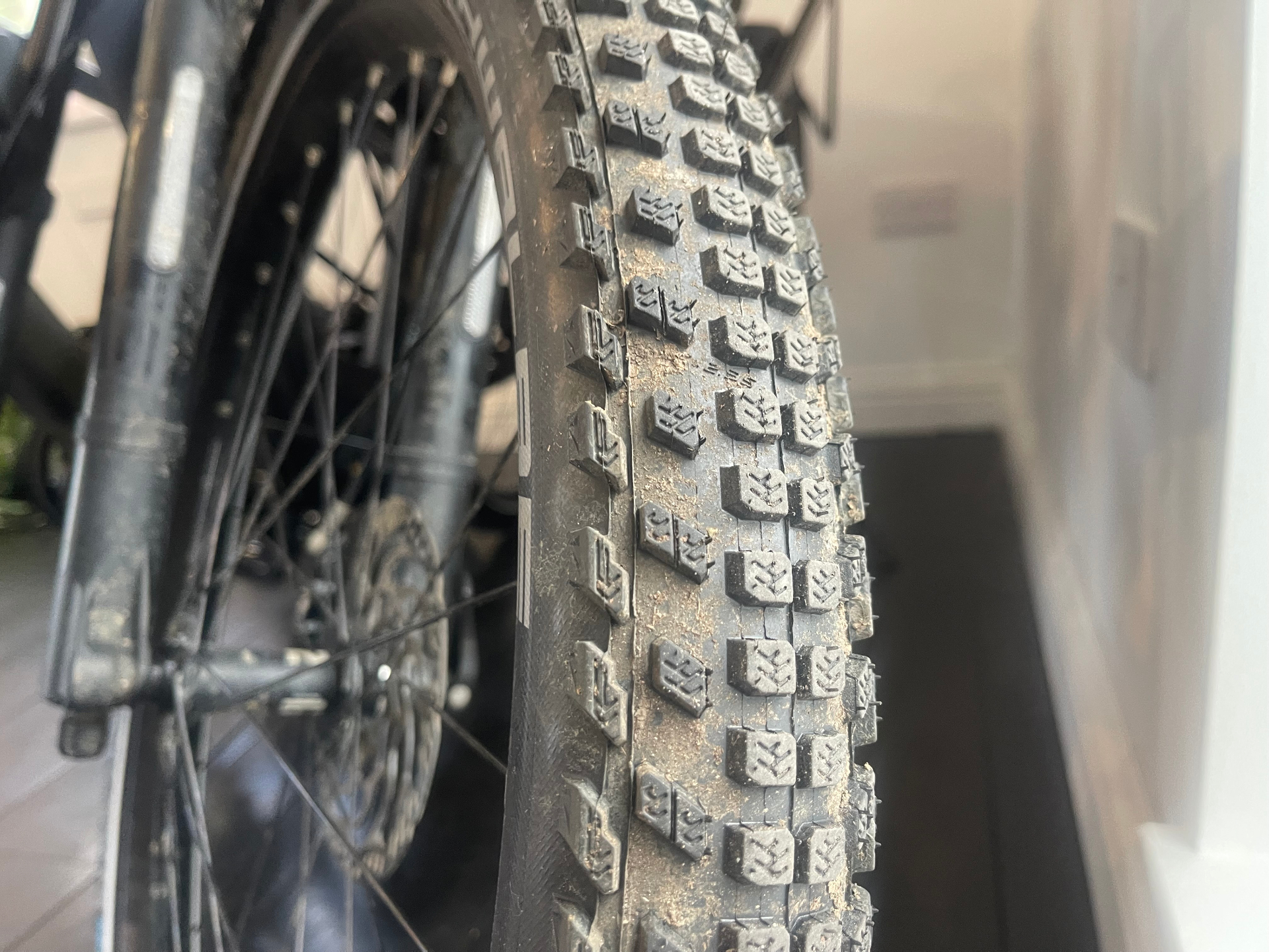 Schwalbe tyre tread close-up showing grip pattern detail