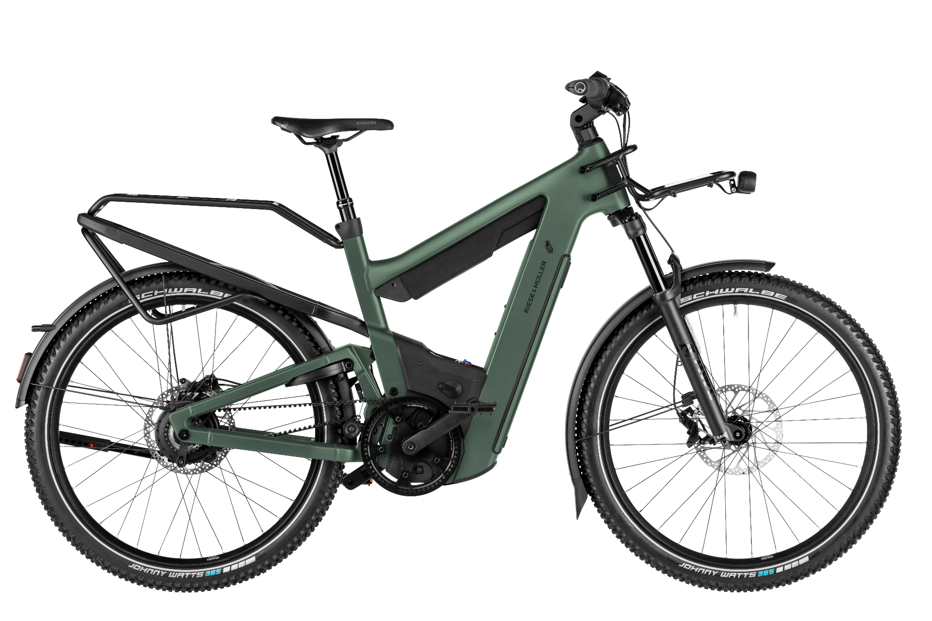 Riese & Müller Superdelite5 GT in moss green on a forest trail
