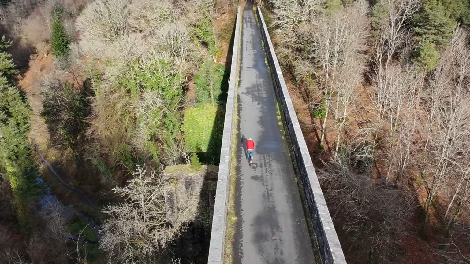 Riese & Müller UBN Five crossing a bridge, aerial view